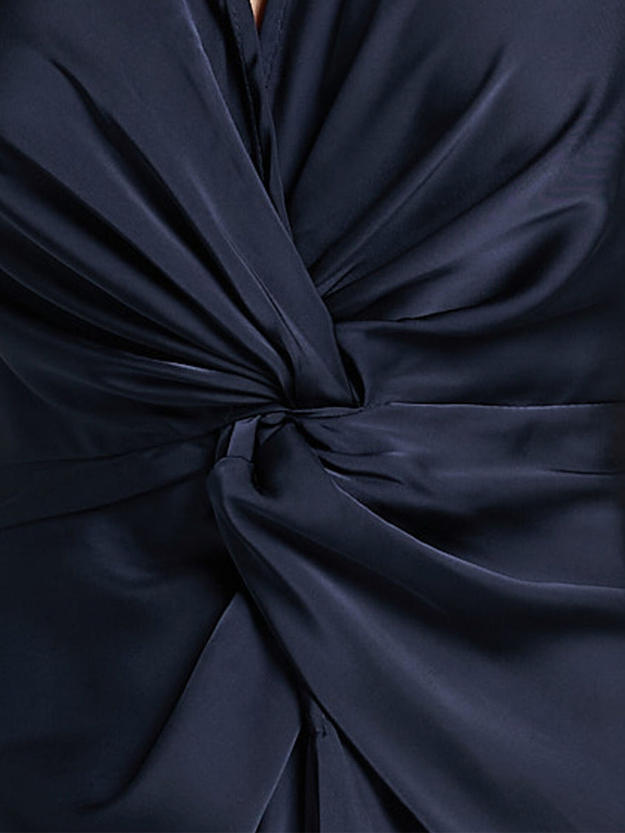 Etui-/Säulen-Kleid mit V-Ausschnitt, gerüscht, knöchellang, Kleider für die Brautmutter mit Seitenschlitz