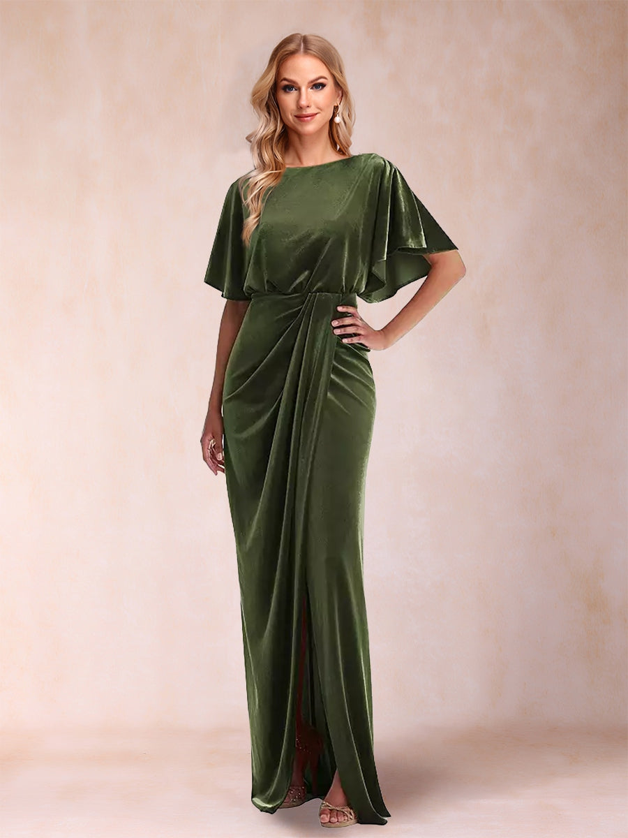 Etui-/Säulen-Abendkleider mit U-Ausschnitt, kurzen Ärmeln, bodenlang, Schlitz an der Seite und Rüschen