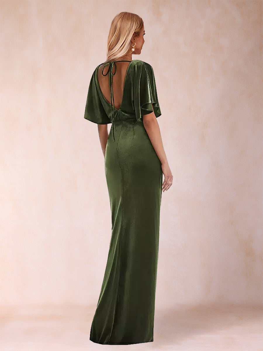 Etui-/Säulen-Abendkleider mit U-Ausschnitt, kurzen Ärmeln, bodenlang, Schlitz an der Seite und Rüschen