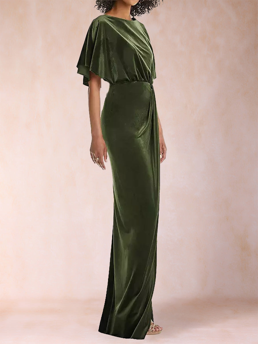 Etui-/Säulen-Abendkleider mit U-Ausschnitt, kurzen Ärmeln, bodenlang, Schlitz an der Seite und Rüschen