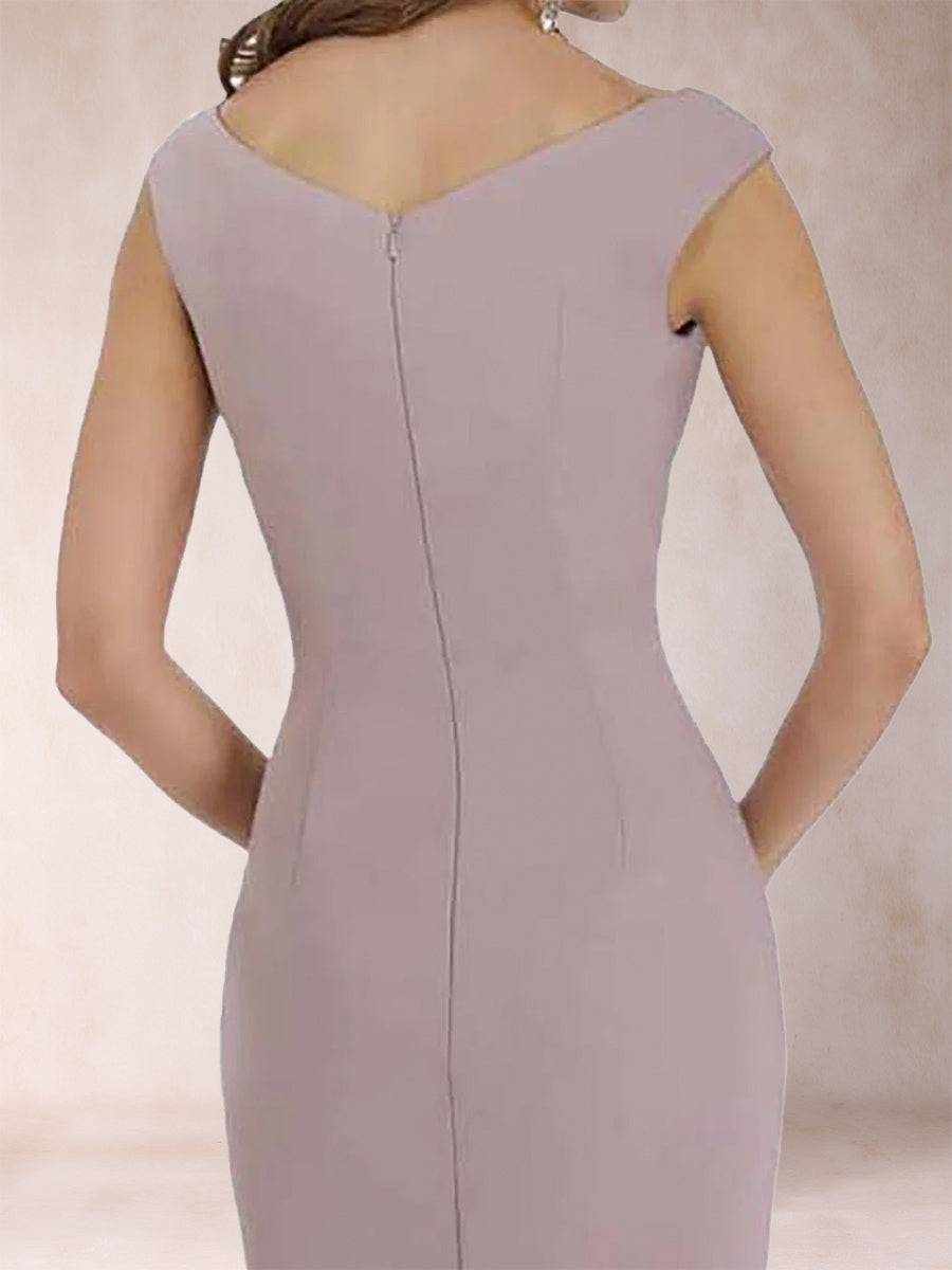 Etui-/Säulen-Abendkleider mit V-Ausschnitt, ärmellos, gerüscht, Schlitz an der Seite und Schleife(n)