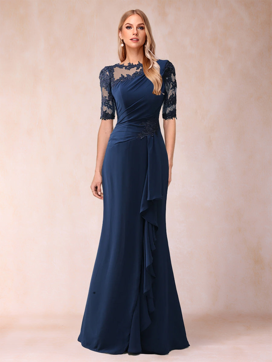 Etui-Linie/Säulenkleid, U-Ausschnitt, gerüschte Halbarmkleider für die Brautmutter mit Applikationen