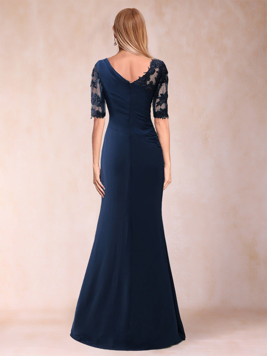 Etui-Linie/Säulenkleid, U-Ausschnitt, gerüschte Halbarmkleider für die Brautmutter mit Applikationen