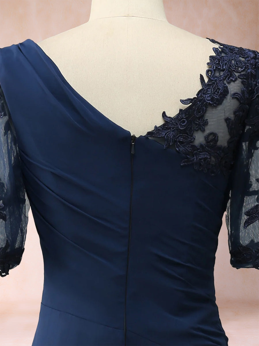 Etui-Linie/Säulenkleid, U-Ausschnitt, gerüschte Halbarmkleider für die Brautmutter mit Applikationen