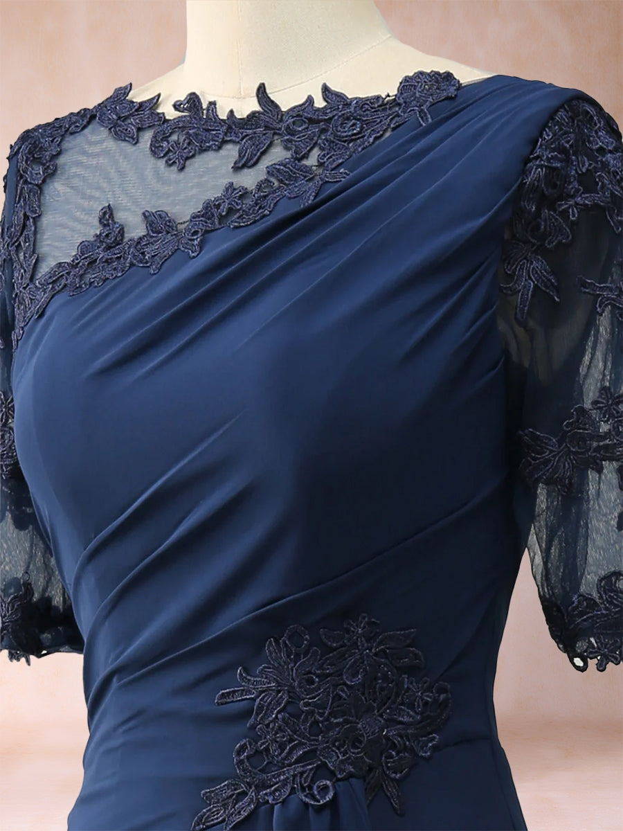 Etui-Linie/Säulenkleid, U-Ausschnitt, gerüschte Halbarmkleider für die Brautmutter mit Applikationen