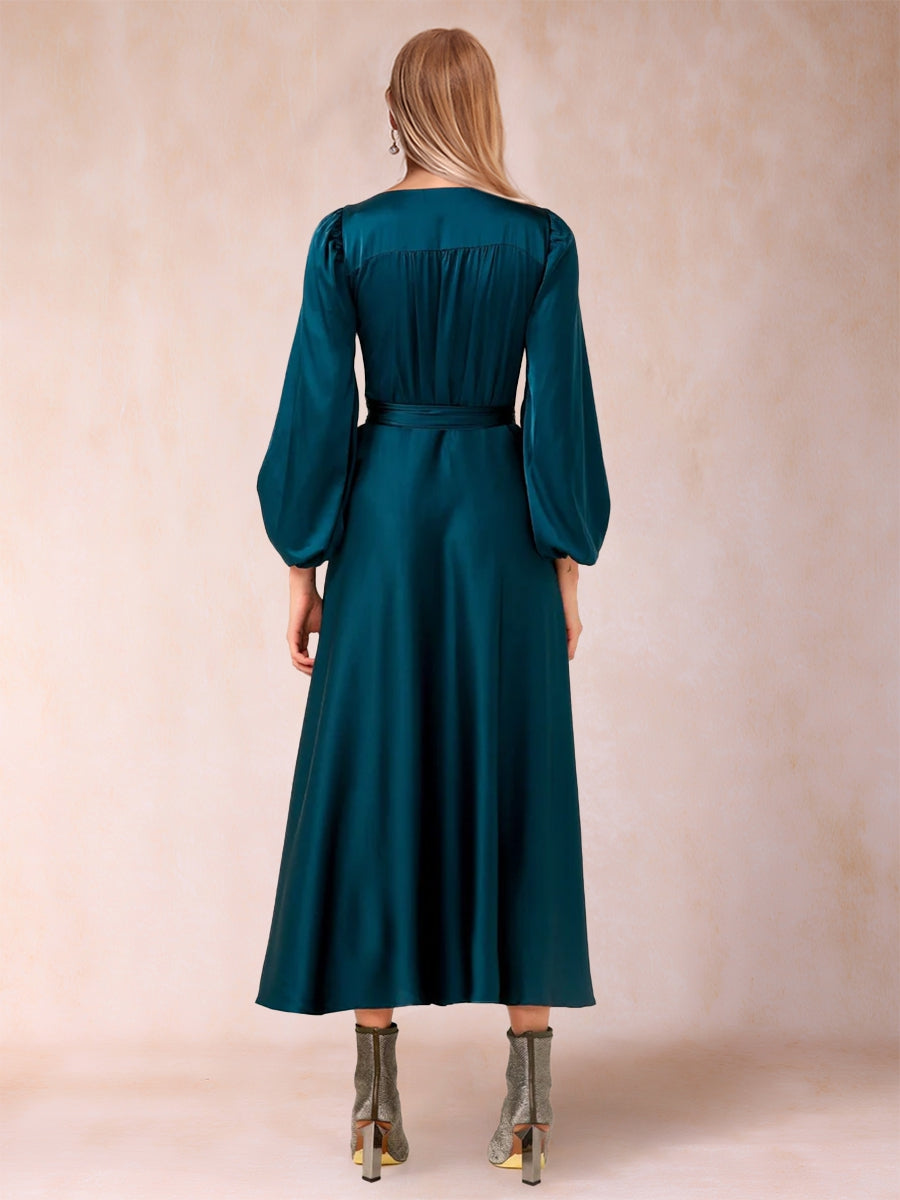 A-Linie/Princess-Linie V-Ausschnitt 3/4-Ärmel Wadenlang Kleider für die Brautmutter mit Gürtel