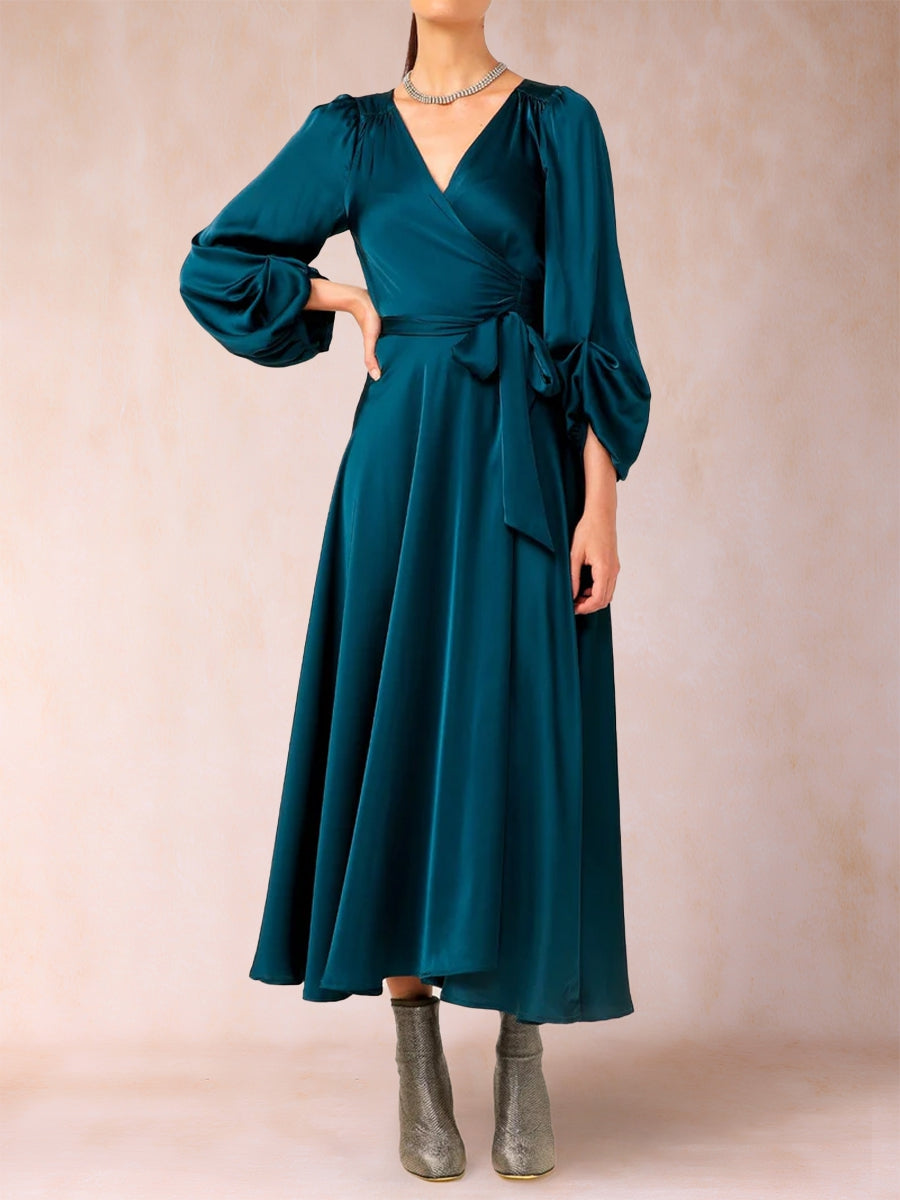 A-Linie/Princess-Linie V-Ausschnitt 3/4-Ärmel Wadenlang Kleider für die Brautmutter mit Gürtel