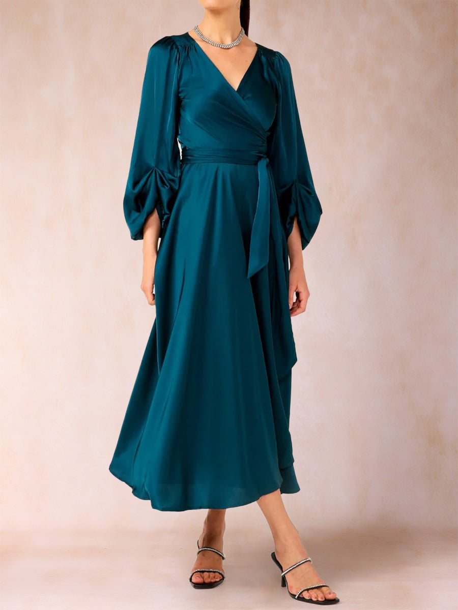 A-Linie/Princess-Linie V-Ausschnitt 3/4-Ärmel Wadenlang Kleider für die Brautmutter mit Gürtel