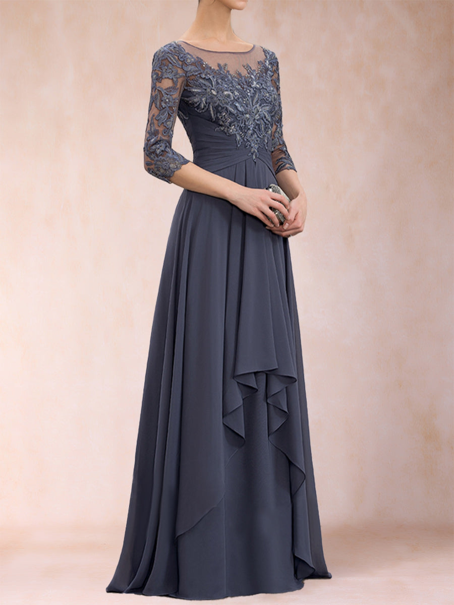 A-Linie/Princess-Linie U-Ausschnitt 3/4-Ärmel Chiffon Kleider für die Brautmutter mit Applikationen & Rüschen