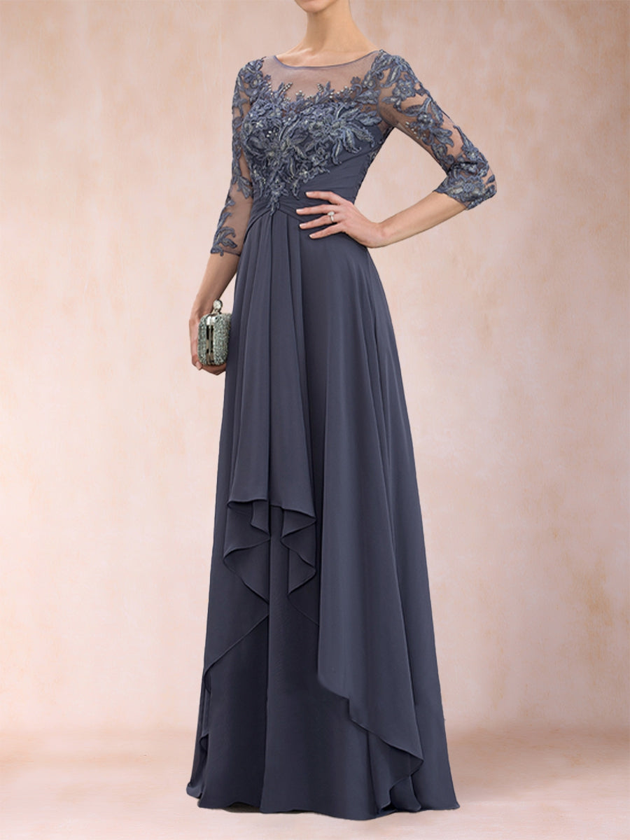 A-Linie/Princess-Linie U-Ausschnitt 3/4-Ärmel Chiffon Kleider für die Brautmutter mit Applikationen & Rüschen