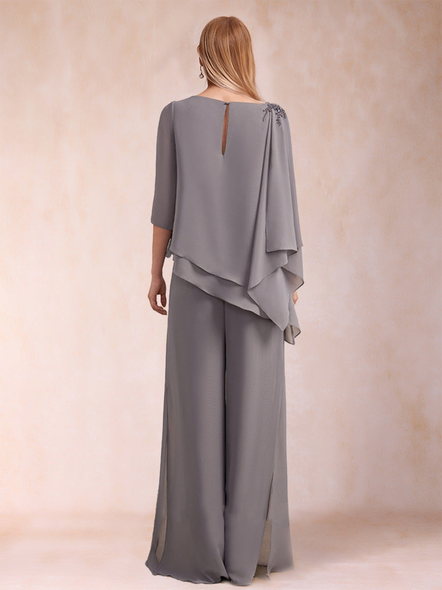Chiffon-U-Ausschnitt, 3/4-Ärmel, 2-teilig, gerüschter Hosenanzug mit Strass