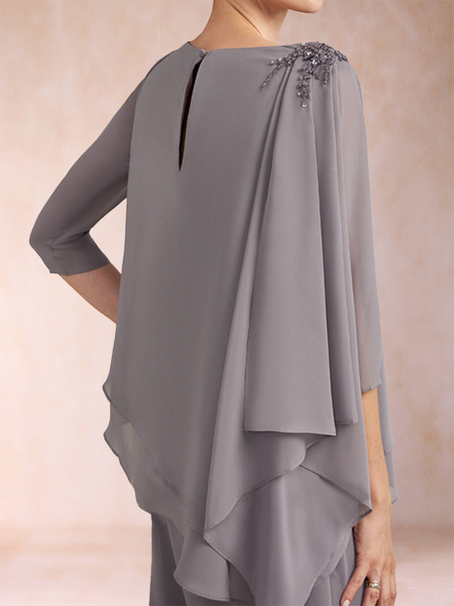 Chiffon-U-Ausschnitt, 3/4-Ärmel, 2-teilig, gerüschter Hosenanzug mit Strass