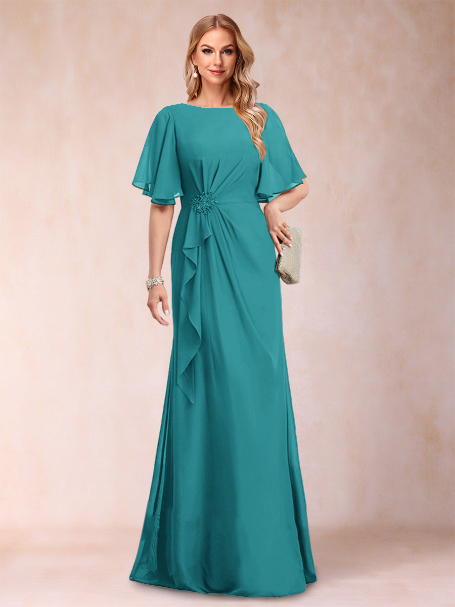 A-Linie/Princess-Linie, U-Ausschnitt, schwarzer Chiffon, Kleider für die Brautmutter mit Applikationen und Rüschen