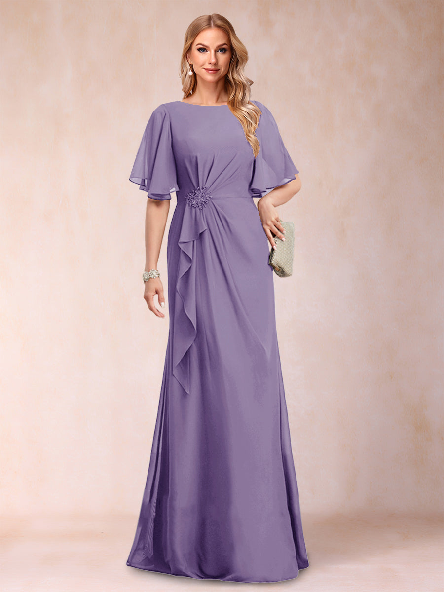 A-Linie/Princess-Linie, U-Ausschnitt, schwarzer Chiffon, Kleider für die Brautmutter mit Applikationen und Rüschen