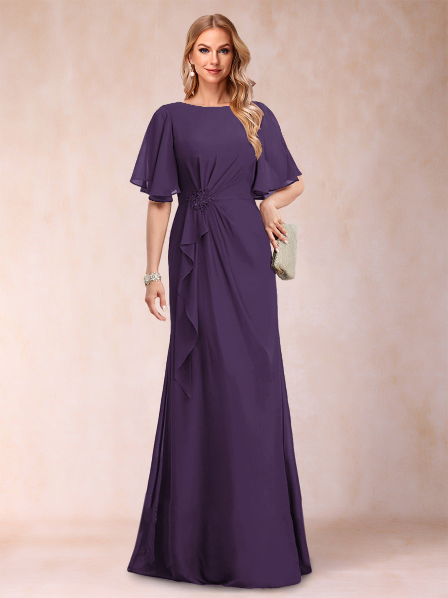 A-Linie/Princess-Linie, U-Ausschnitt, schwarzer Chiffon, Kleider für die Brautmutter mit Applikationen und Rüschen