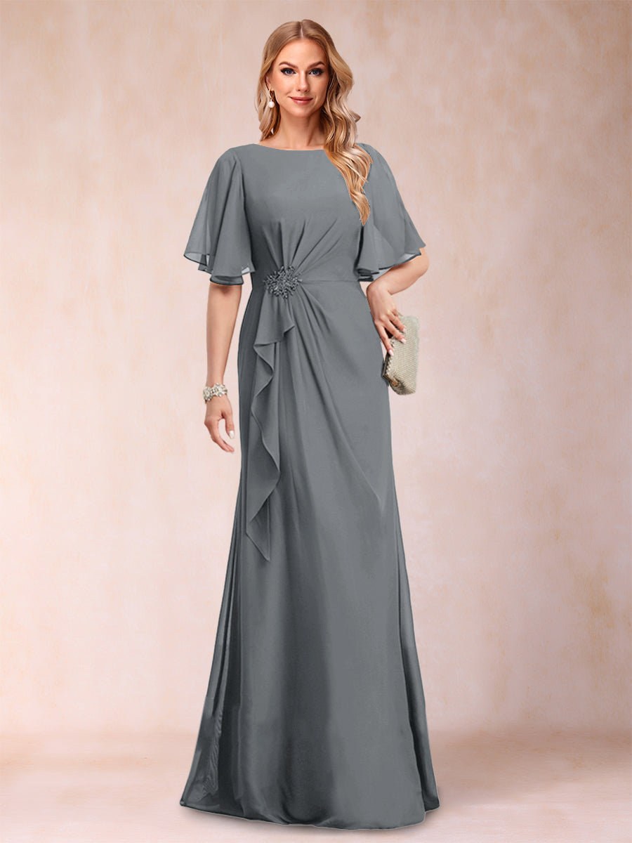 A-Linie/Princess-Linie, U-Ausschnitt, schwarzer Chiffon, Kleider für die Brautmutter mit Applikationen und Rüschen