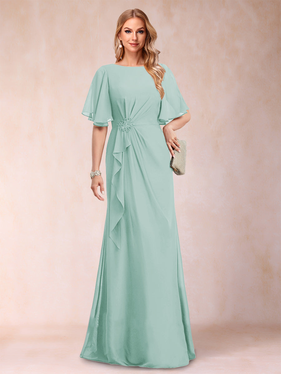 A-Linie/Princess-Linie, U-Ausschnitt, schwarzer Chiffon, Kleider für die Brautmutter mit Applikationen und Rüschen