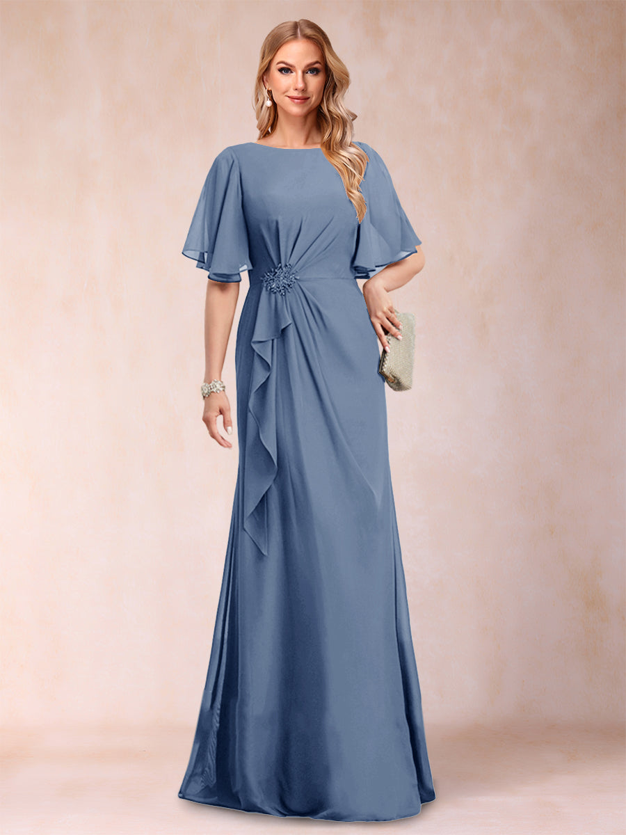 A-Linie/Princess-Linie, U-Ausschnitt, schwarzer Chiffon, Kleider für die Brautmutter mit Applikationen und Rüschen