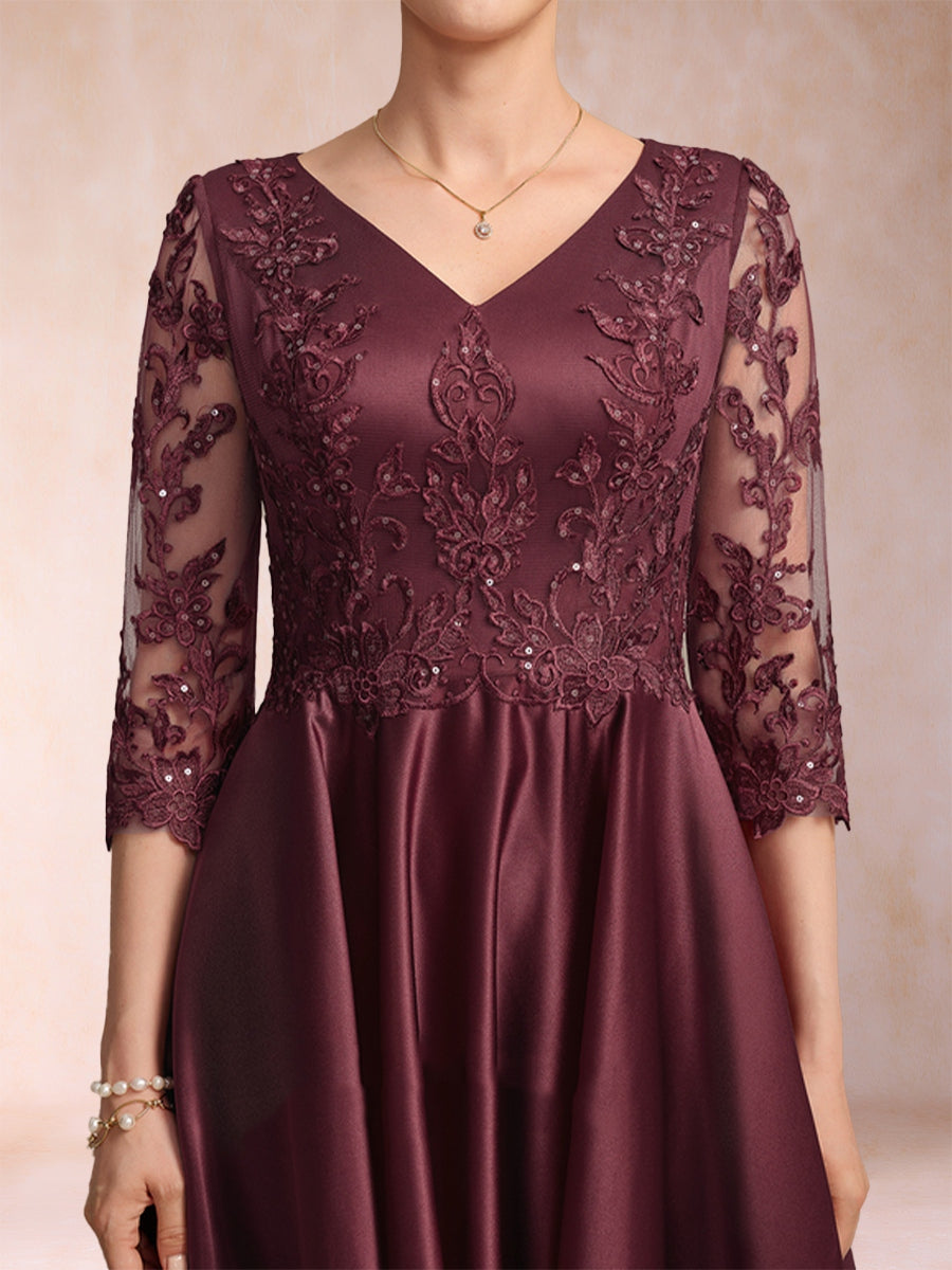 A-Linie/Princess-Linie V-Ausschnitt 3/4-Ärmel Asymmetrische Kleider für die Brautmutter mit Applikationen