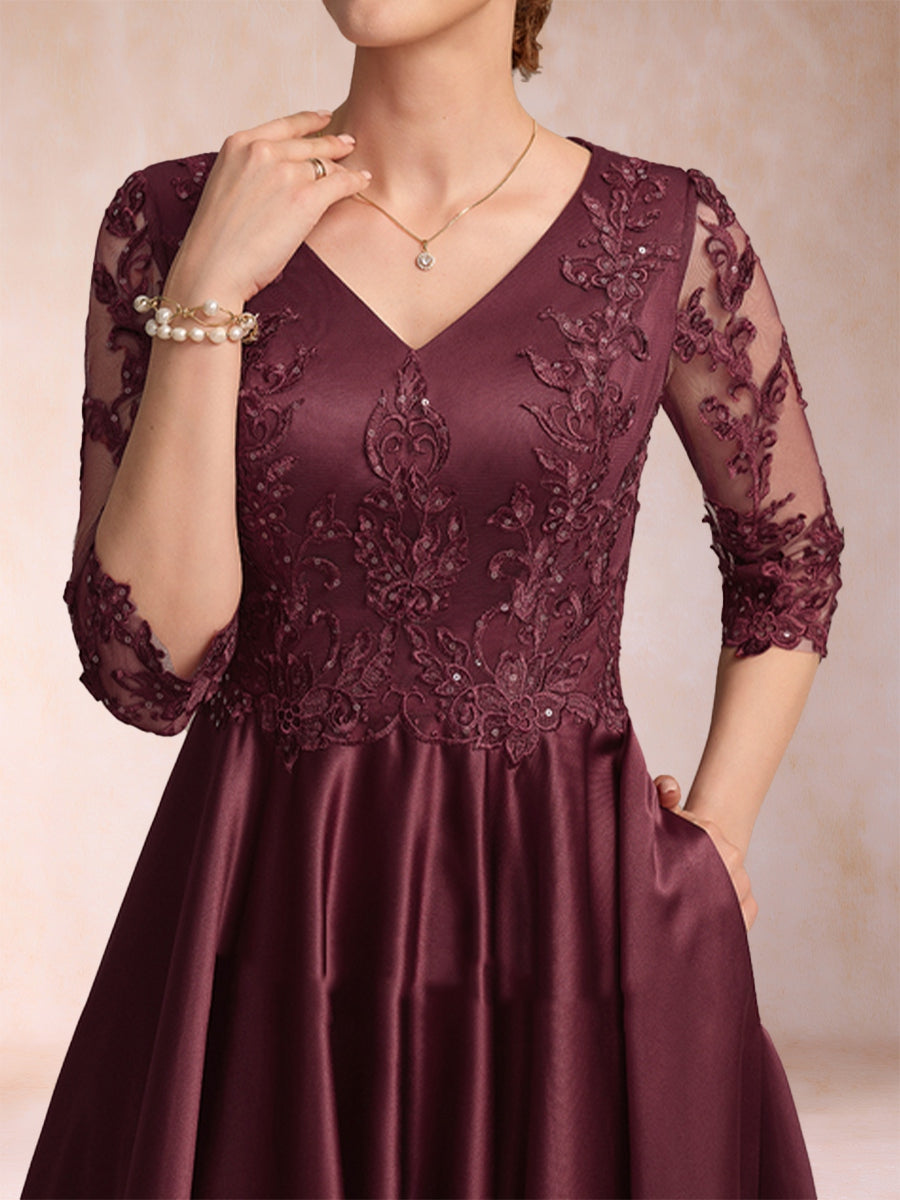 A-Linie/Princess-Linie V-Ausschnitt 3/4-Ärmel Asymmetrische Kleider für die Brautmutter mit Applikationen