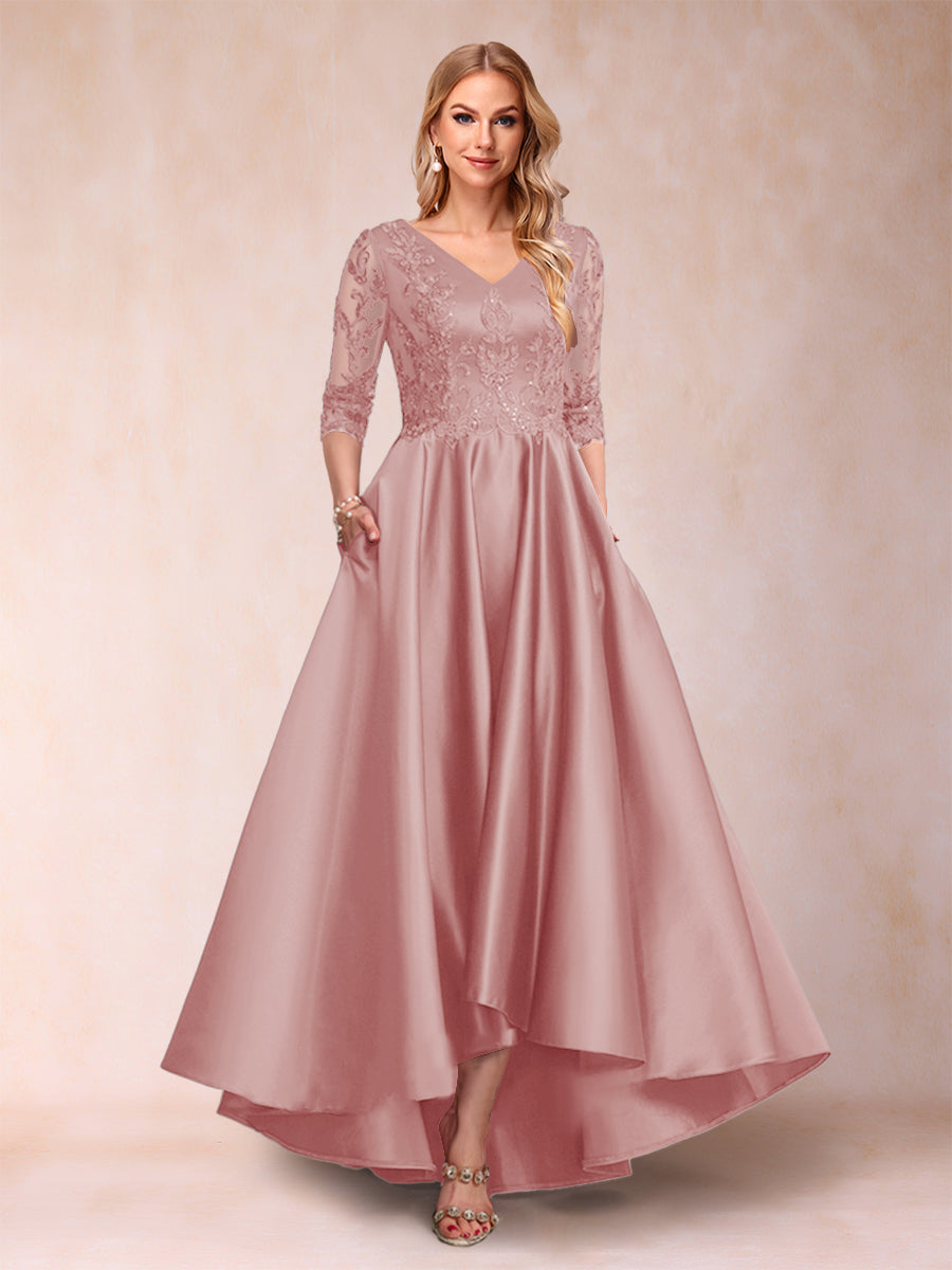 A-Linie/Princess-Linie V-Ausschnitt 3/4-Ärmel Asymmetrische Kleider für die Brautmutter mit Applikationen