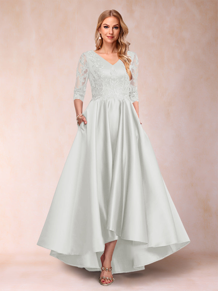 A-Linie/Princess-Linie V-Ausschnitt 3/4-Ärmel Asymmetrische Kleider für die Brautmutter mit Applikationen