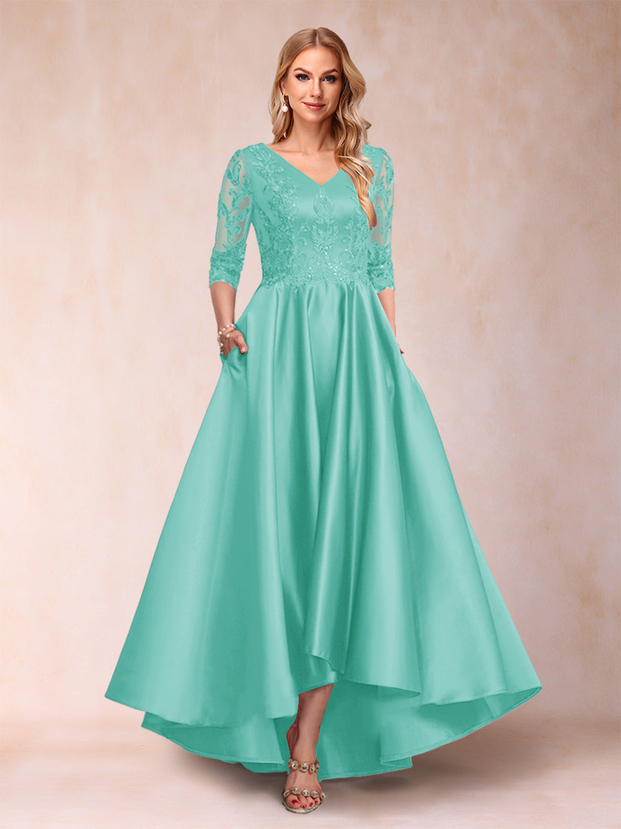 A-Linie/Princess-Linie V-Ausschnitt 3/4-Ärmel Asymmetrische Kleider für die Brautmutter mit Applikationen