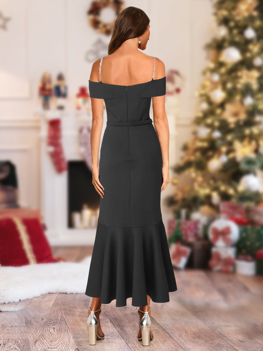 Trompeten-/Meerjungfrauen-Kleid, schulterfrei, asymmetrisch, Weihnachtskleider mit Schärpe und Rüschen