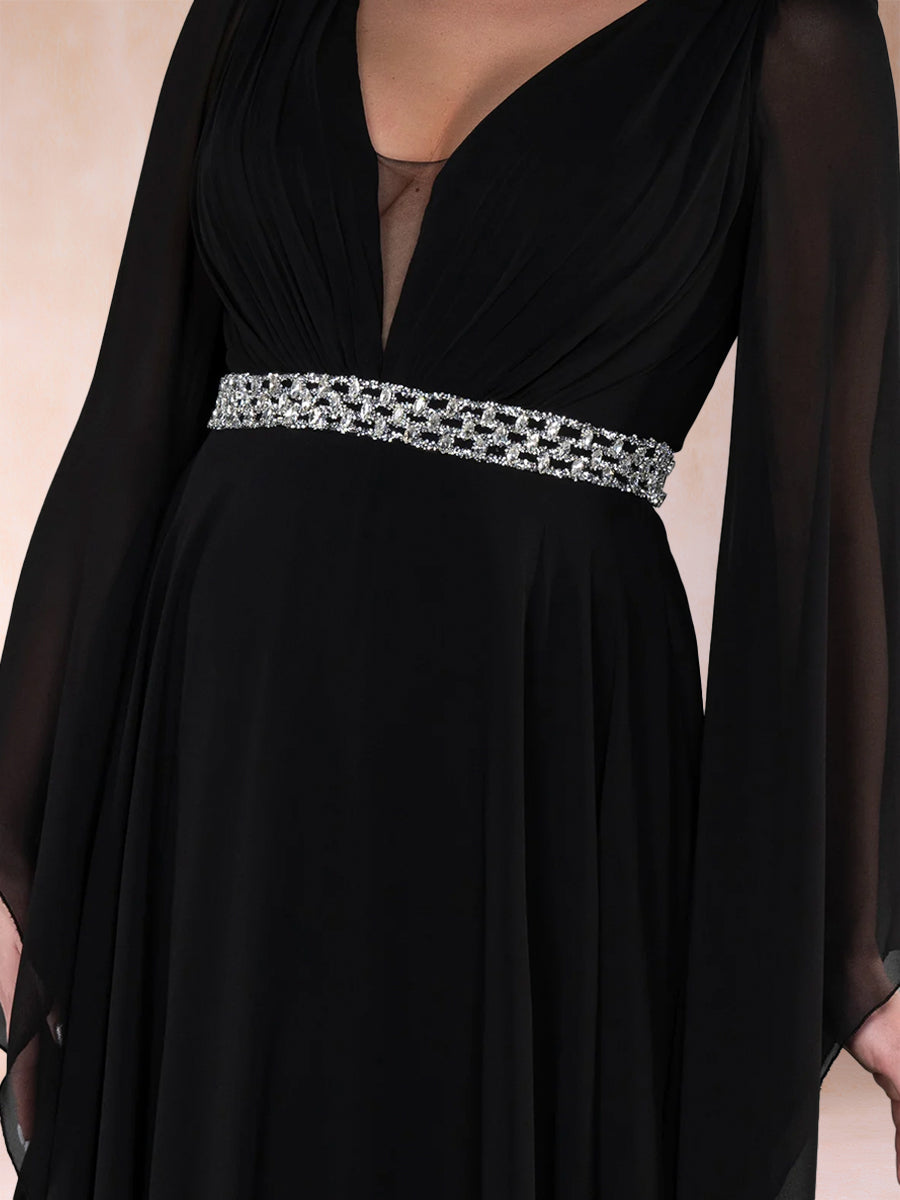 A-Linie/Princess-Linie Tiefer V-Ausschnitt Lange Ärmel Kleider für die Brautmutter mit Strass