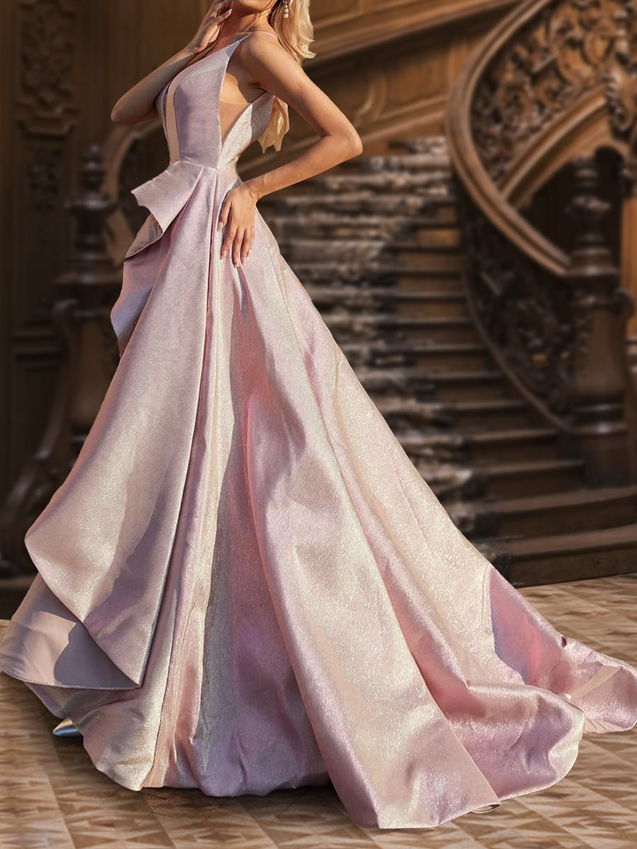 A-Linie/Princess-Linie Tiefer V-Ausschnitt Ärmellose Rüschen Abendkleider mit Seitenschlitz