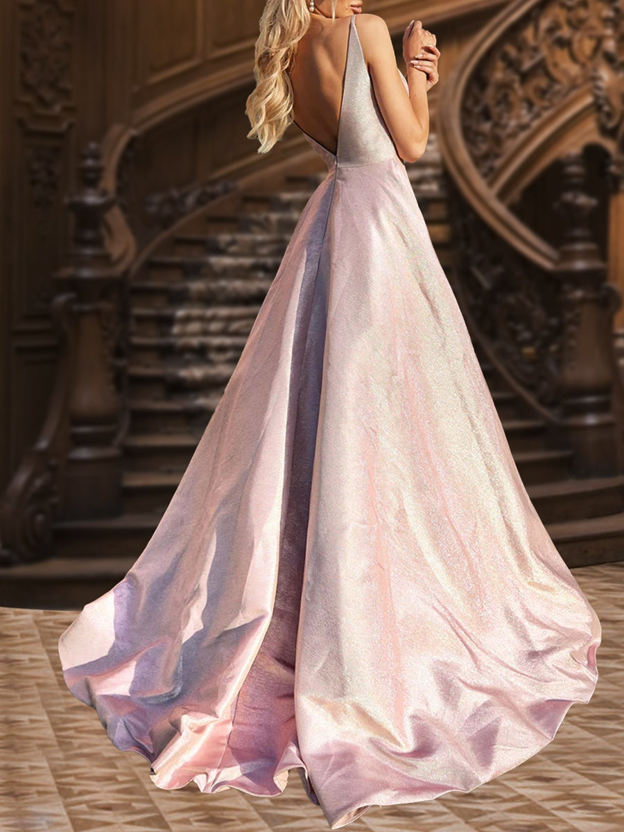 A-Linie/Princess-Linie Tiefer V-Ausschnitt Ärmellose Rüschen Abendkleider mit Seitenschlitz