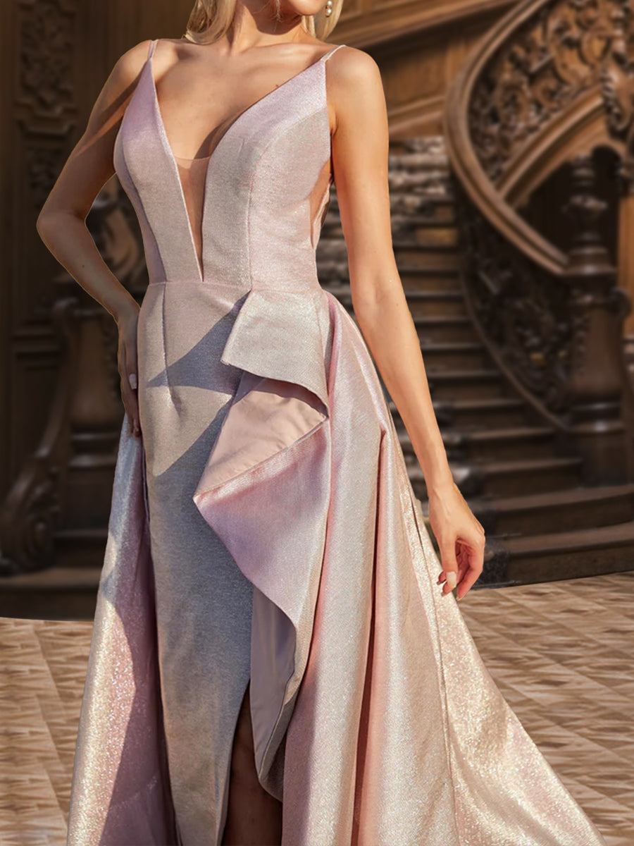 A-Linie/Princess-Linie Tiefer V-Ausschnitt Ärmellose Rüschen Abendkleider mit Seitenschlitz