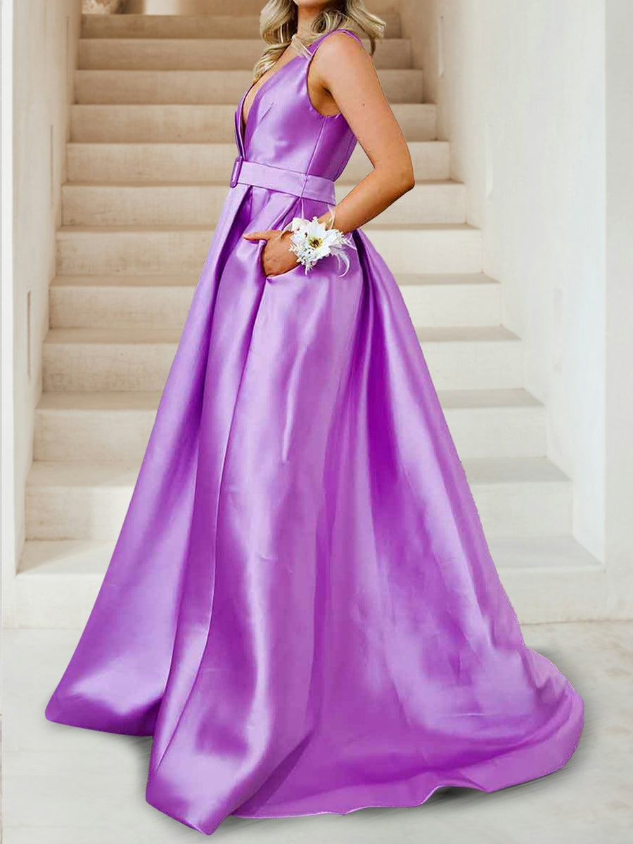 A-Linie/Princess-Linie, tiefer V-Ausschnitt, gerüschte Abendkleider mit Gürtel und Taschen