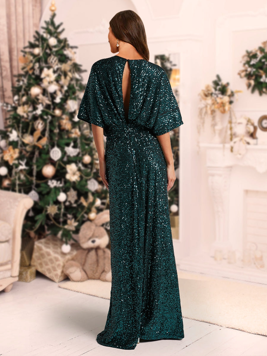 A-Linie/Princess-Linie, tiefer Ausschnitt, kurze Ärmel, Pailletten, Weihnachtskleider mit Schlitz an der Seite