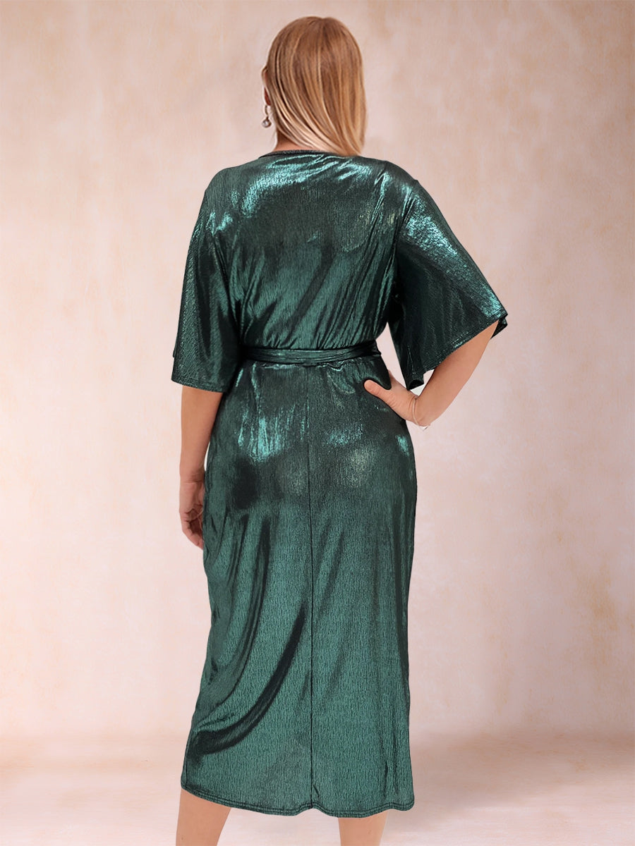 Tulpen-Crossover-Abendkleid mit V-Ausschnitt, kurzen Ärmeln, gerüscht und Gürtel