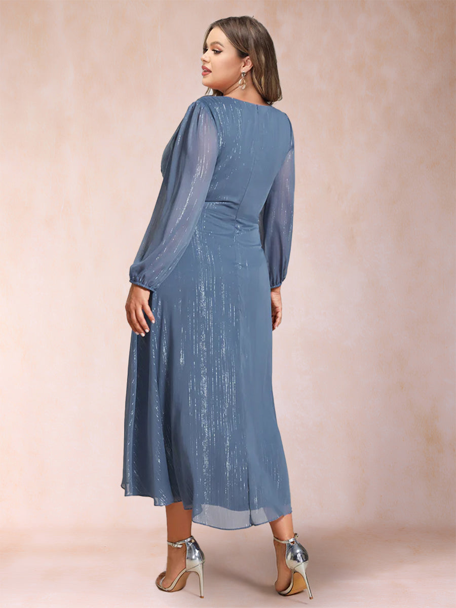 A-Linie/Princess-Linie Crossover V-Ausschnitt Lange Ärmel Rüschen Abendkleider in großen Größen