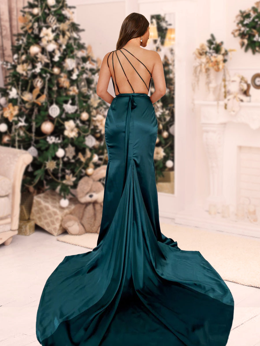 Etui-/Säulen-Kleid mit One-Shoulder-Träger, Cut-out, gerüschten Weihnachtskleidern mit hohem Schlitz