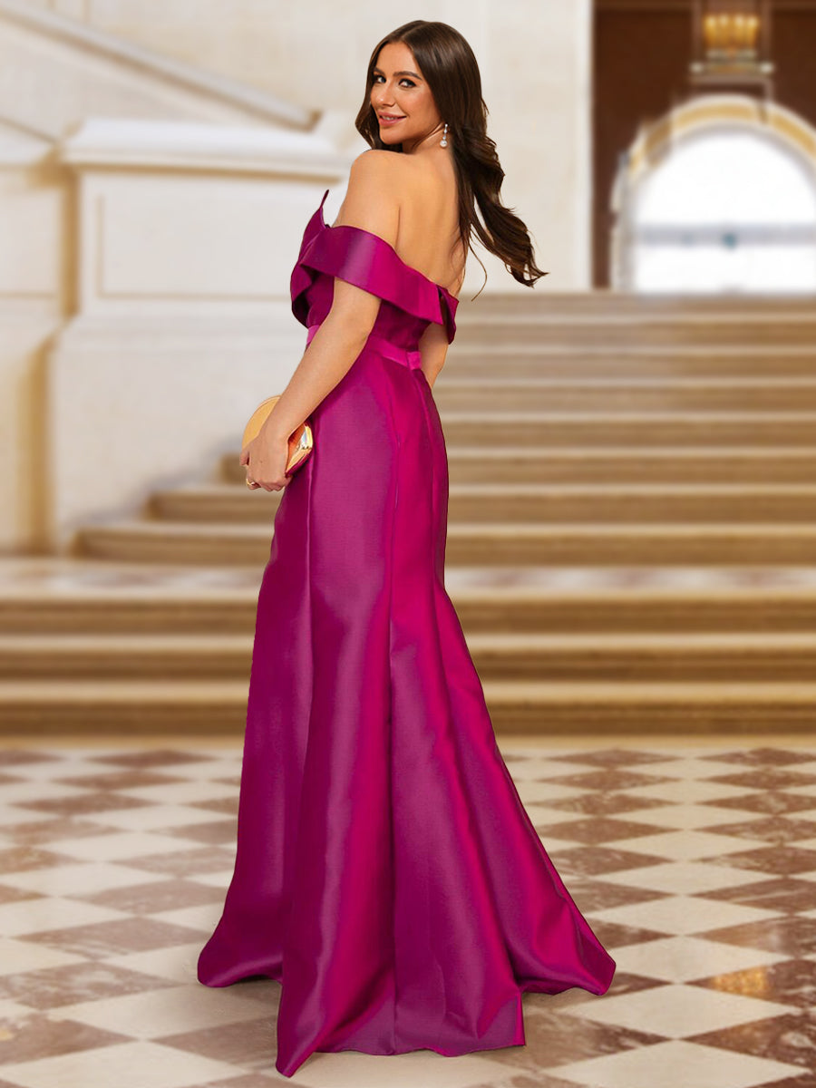 Trompeten-/Meerjungfrauen-Abendkleider mit schulterfreien Rüschen, Gürtel und Schlitz an der Seite