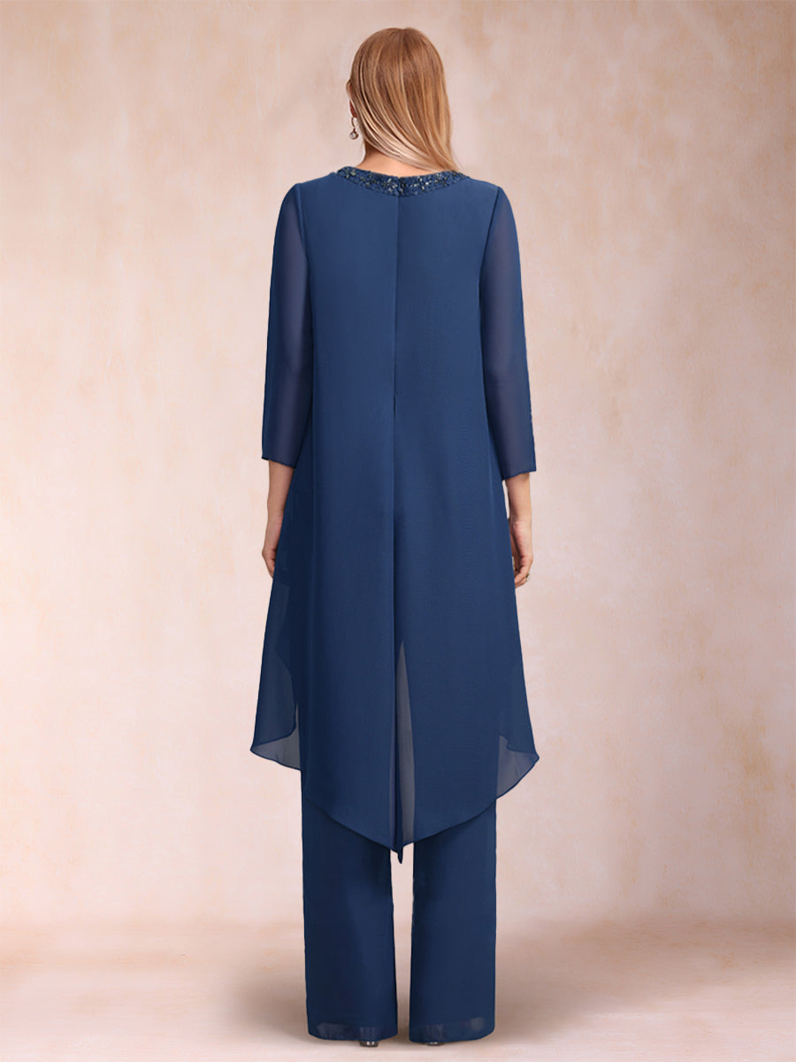 3-teiliger Hosenanzug aus Chiffon mit U-Ausschnitt und langen Ärmeln, Strasssteinen und Jacke