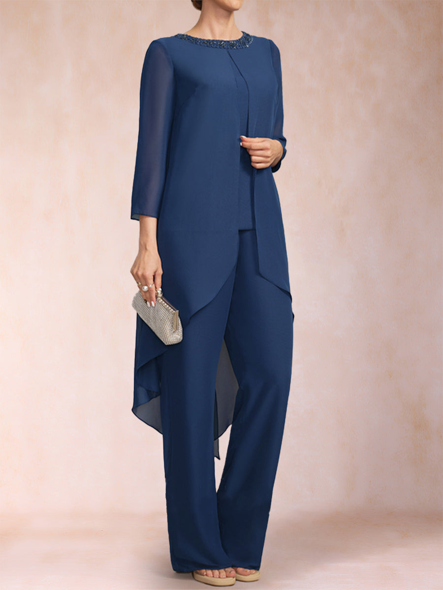 3-teiliger Hosenanzug aus Chiffon mit U-Ausschnitt und langen Ärmeln, Strasssteinen und Jacke