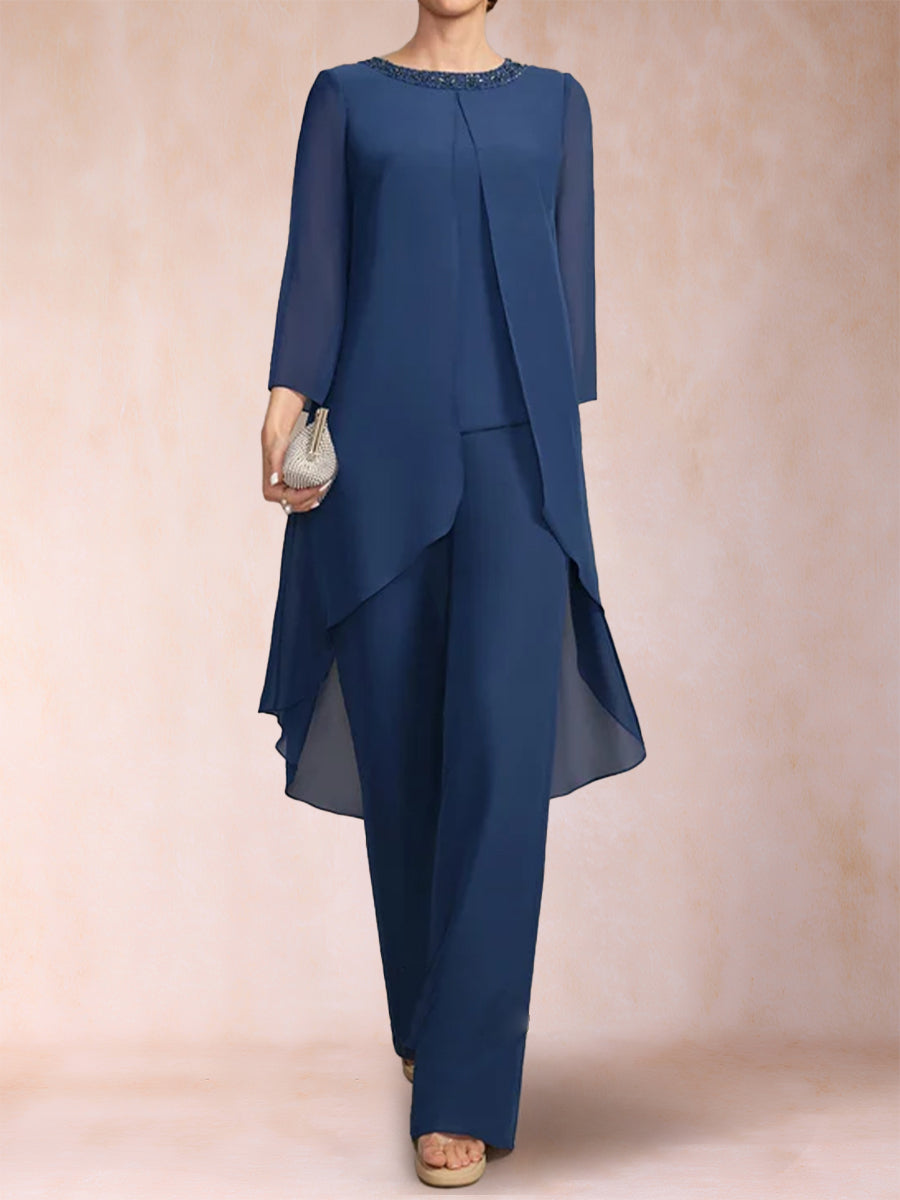 3-teiliger Hosenanzug aus Chiffon mit U-Ausschnitt und langen Ärmeln, Strasssteinen und Jacke