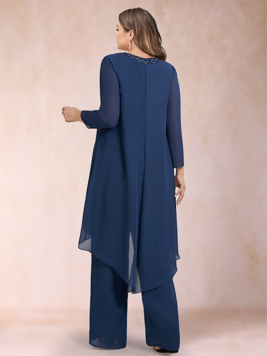 3-teiliger Hosenanzug aus Chiffon mit U-Ausschnitt und langen Ärmeln, Strasssteinen und Jacke