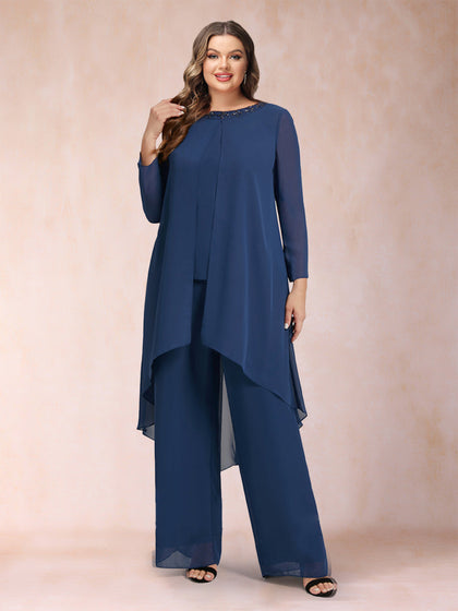 Chiffon-U-Ausschnitt, lange Ärmel, 3-teilig, Hosenanzug in Übergröße mit Strasssteinen und Jacke