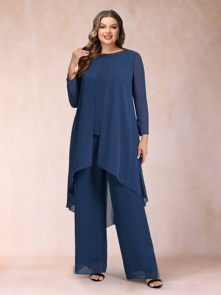Chiffon-U-Ausschnitt, lange Ärmel, 3-teilig, Hosenanzug in Übergröße mit Strasssteinen und Jacke