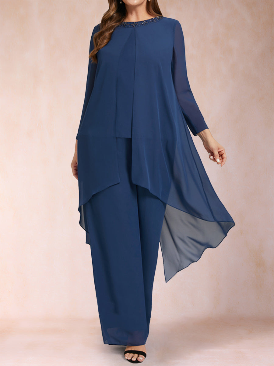 Chiffon-U-Ausschnitt, lange Ärmel, 3-teilig, Hosenanzug in Übergröße mit Strasssteinen und Jacke