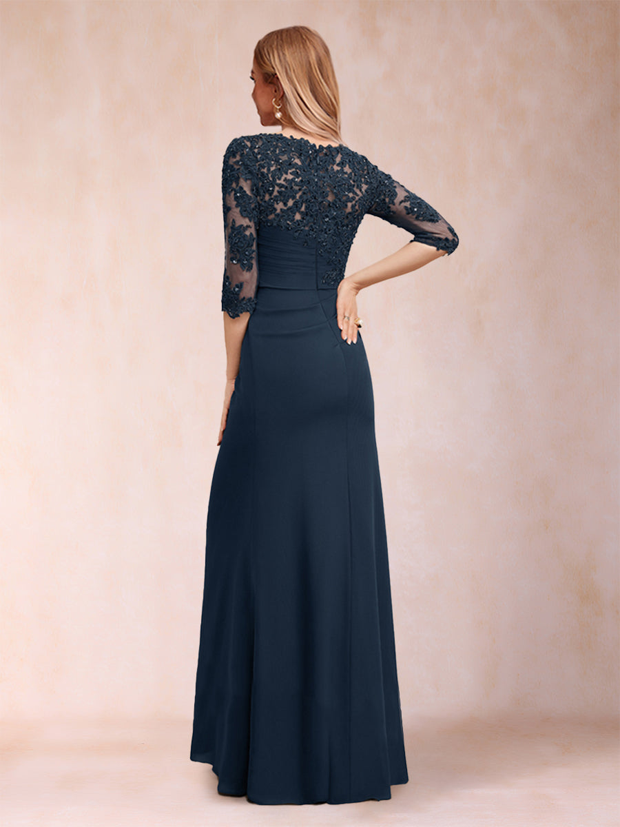 Etui-Linie/Säule U-Ausschnitt 3/4 Ärmel Geraffte Kleider für die Brautmutter mit Applikationen