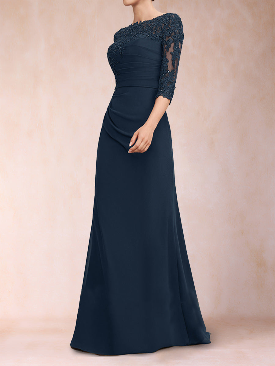 Etui-Linie/Säule U-Ausschnitt 3/4 Ärmel Geraffte Kleider für die Brautmutter mit Applikationen