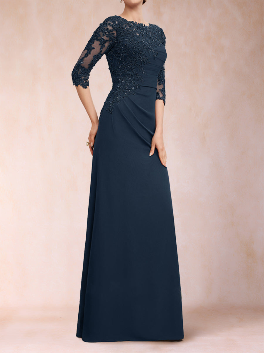 Etui-Linie/Säule U-Ausschnitt 3/4 Ärmel Geraffte Kleider für die Brautmutter mit Applikationen