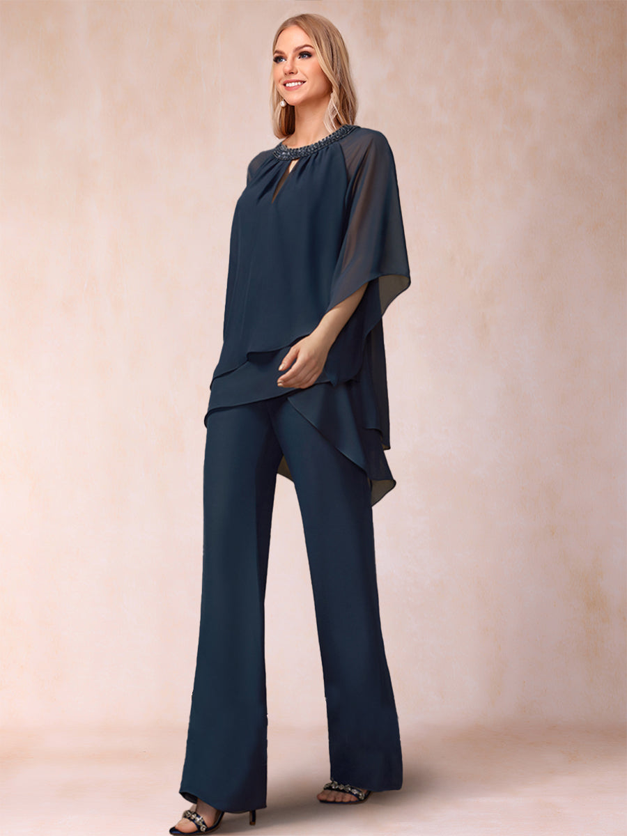 Chiffon-Hosenanzug mit 3/4-Ärmeln und Rundhalsausschnitt, zweiteilig, mit Strasssteinen und Hohlsaum