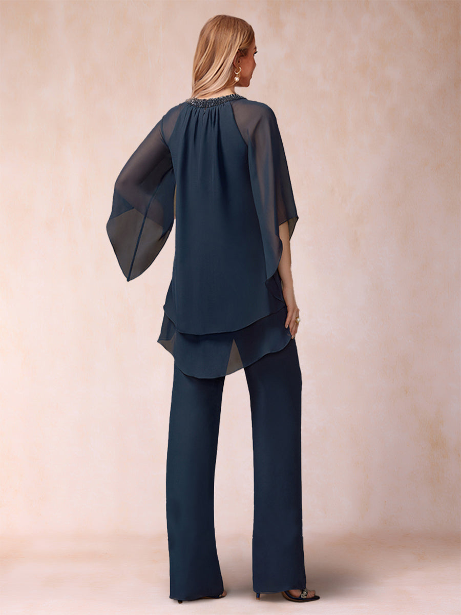 Chiffon-Hosenanzug mit 3/4-Ärmeln und Rundhalsausschnitt, zweiteilig, mit Strasssteinen und Hohlsaum